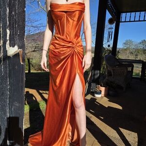 Sherri Hill Strapless Satin Gown in Vibrant Orange